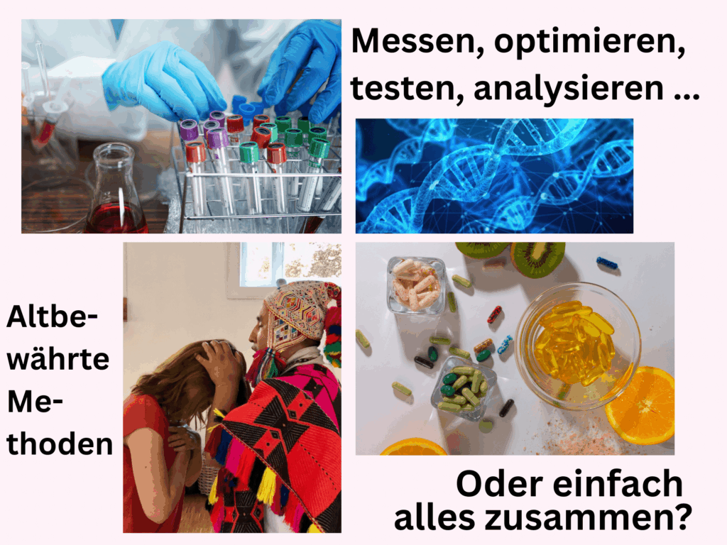 Laborprobe, Schamane bei der Arbeit, Nahrungsergänzungsmittel und DNA mit Text