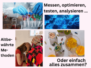 Laborprobe, Schamane bei der Arbeit, Nahrungsergänzungsmittel und DNA mit Text