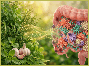 Ätherische Öle Darmflora, links im BIld Kräuter wie Thymian, Oregano, Knoblauch, rechts der Darm mit Darmflora