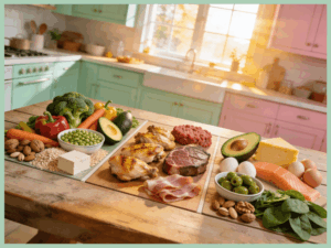 Vegan, carnivore, keton Lebensmittel auf einem Tisch in einer Küche. Zugeordnet zur jeweiligen Ernährungsform